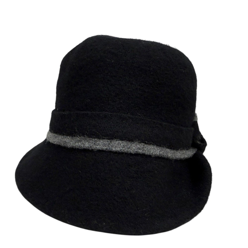 Comhats Women Wool Blend Cloche Hat with Gray Bow Accent Black Size OSFA
